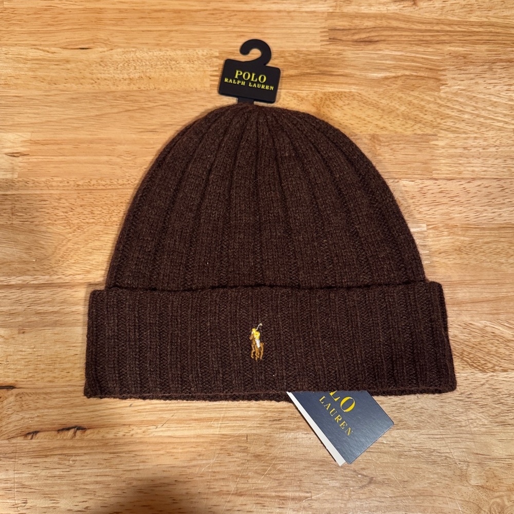 NEW Polo Ralph Lauren Brown w/ Embroidered Pony Knit Wool/Nylon Beanie Hat Cap